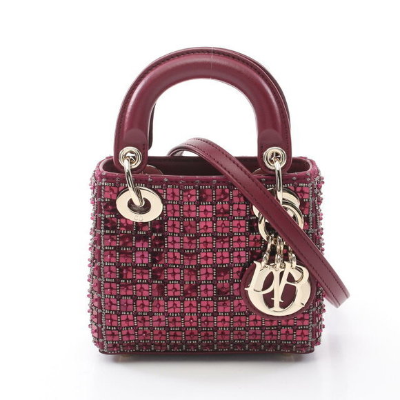Dior Lady Handbag Leather Sequins Bordeaux - Picture 1 of 4